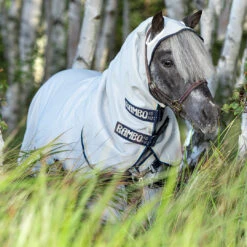Amigo Rambo Petite Hoody Fly Sheet, Grey With Beige/Baby Blue/Navy, 33" - 48" -Horse Supply Store l AOAP6C JMCB2 petite hoody 09730.1648674253.1280.1280